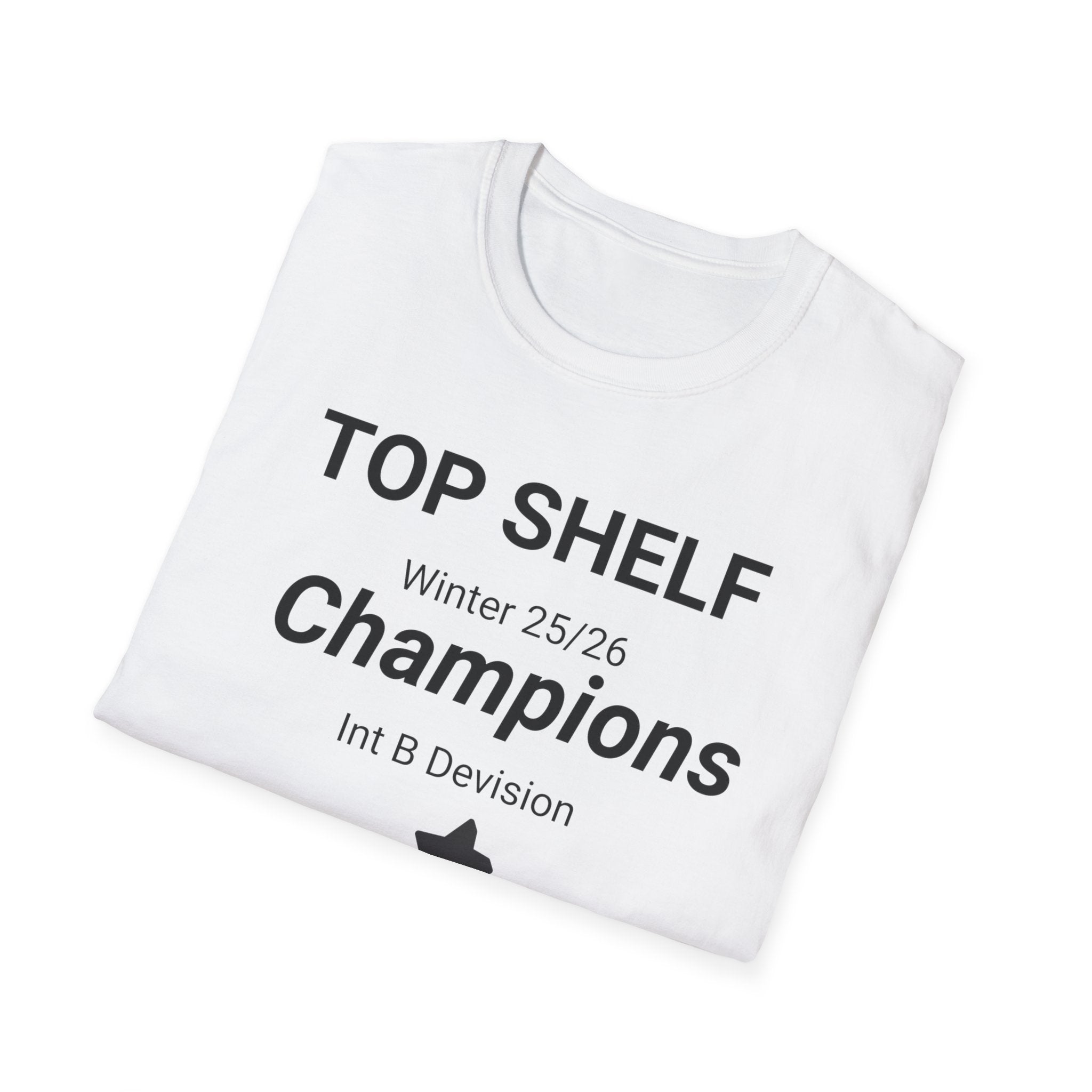 15-Champions Team T-Shirt — "Top Shelf Winter 25/26 Champions" with roster on the back