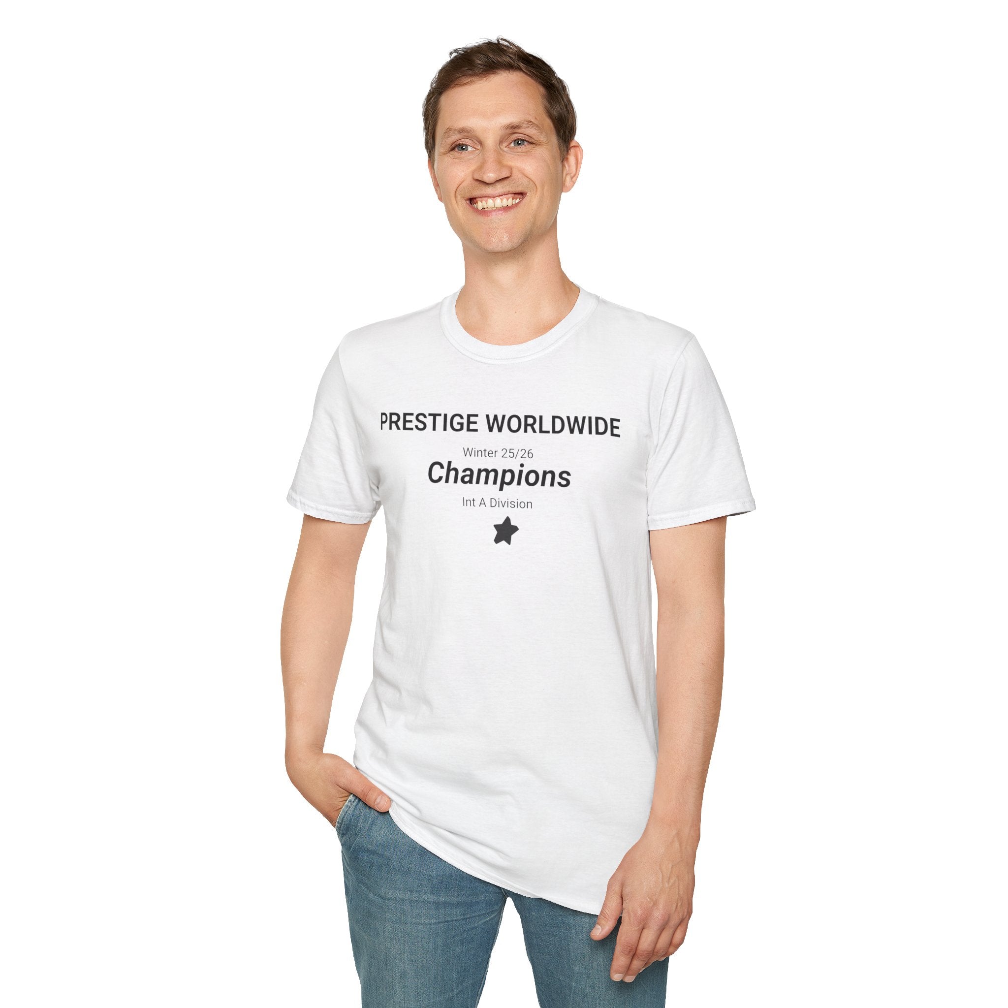 34-Champions Team T-Shirt — "Prestige Worldwide" Winter 25/26 Intermediate A Division with roster on the back
