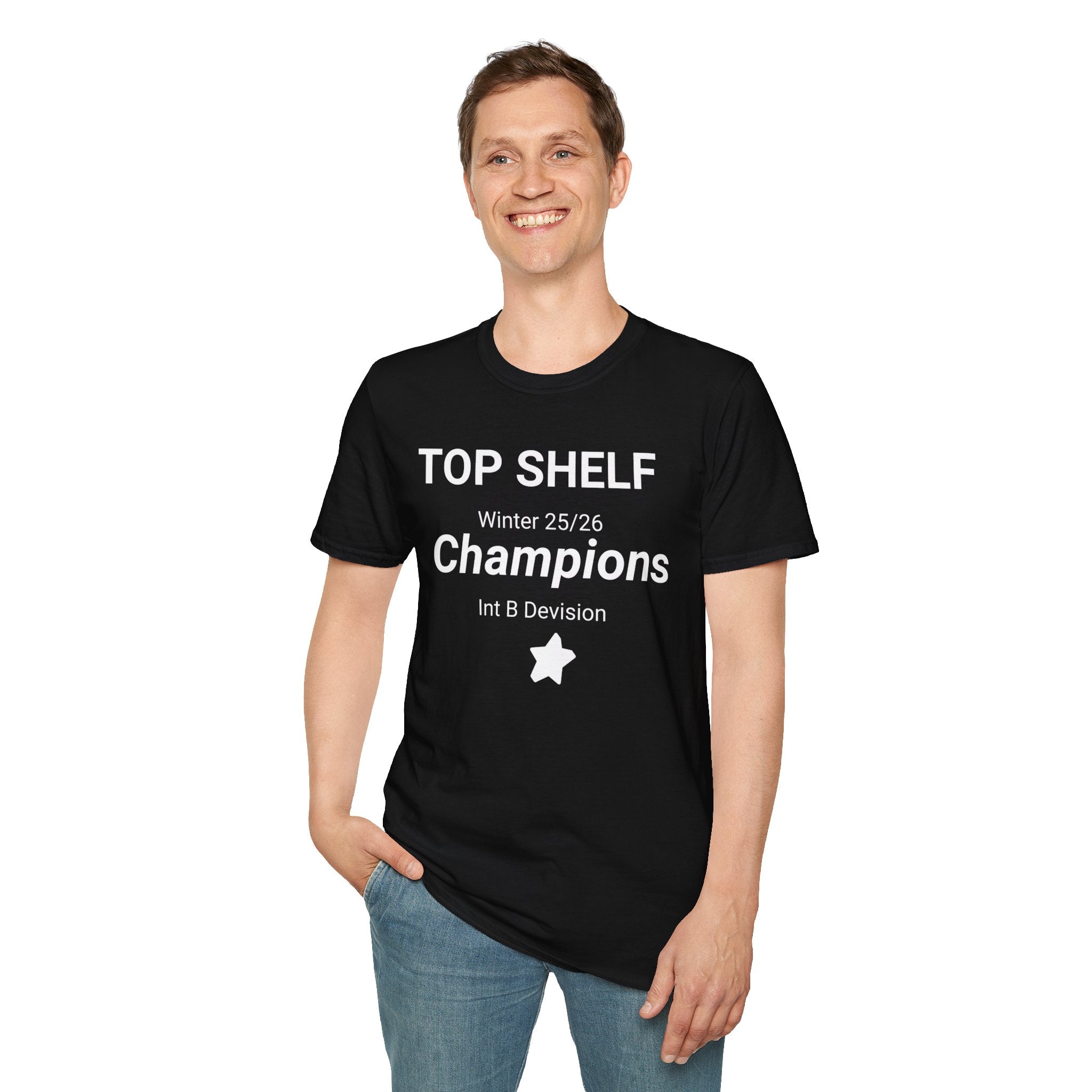 14-Champions Team T-Shirt — "Top Shelf Winter 25/26 Champions" with roster on the back